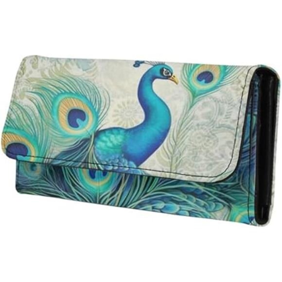 Retro Peacock Women's Leather Trifold Wallet, Classical Peacock Feather - Picture 1 of 7